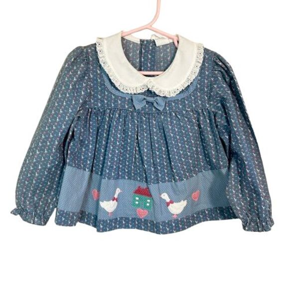VTG Girls 4T Geese Floral Top Peter Pant Collar Blue Quilted LS Bow Lace - Picture 1 of 7